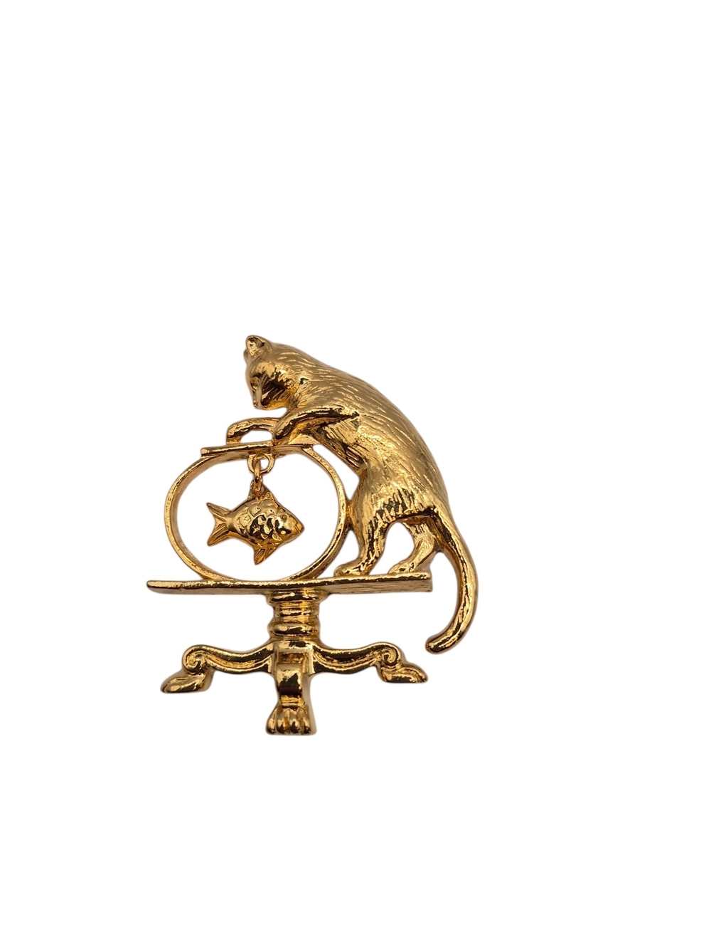 Avon Cat Fish Bowl Brooch Pin Gold Tone